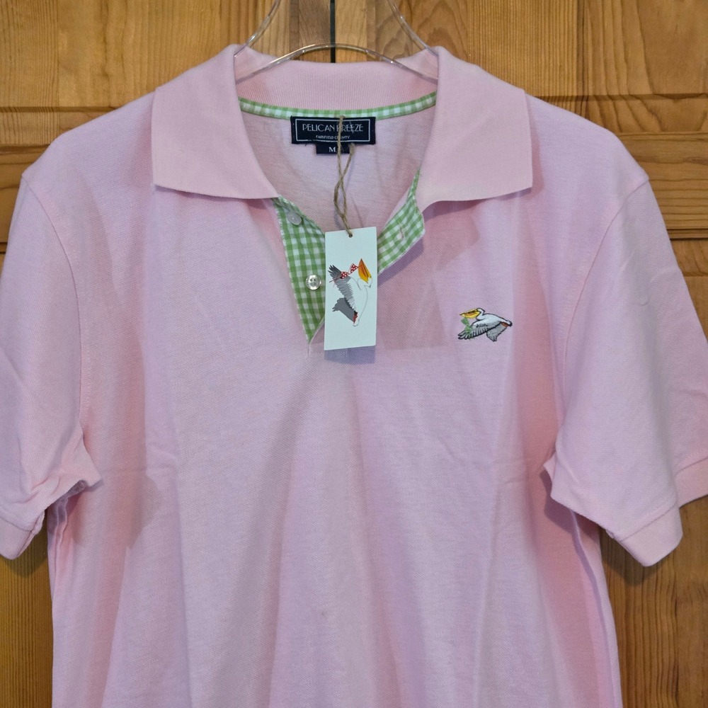 Pelican Breeze Fairfield County Women's M Pink Green Gingham Polo Shirt Preppy